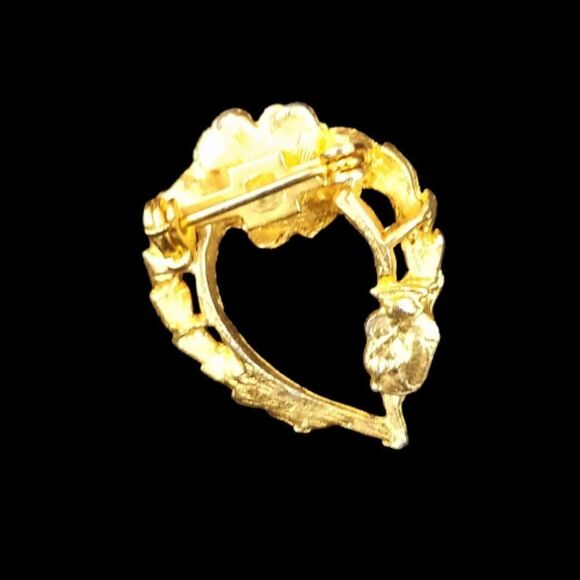 Vintage Faux Pearl Brooch Pin Gold Tone Heart Leaf Rose - Picture 2 of 6
